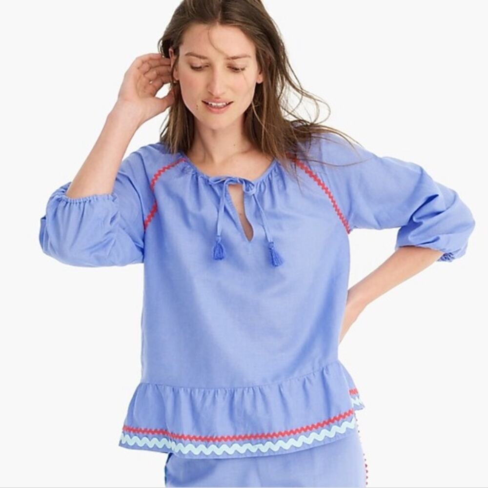 J.Crew Linen Ruffle Rickrack Trim Peasant Top Navy White XS - Picture 2 of 9